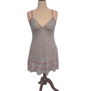 Y2K Coquette Light Blue Cherry Print Babydoll Mini Slip Dress Fairycore| Size Lg